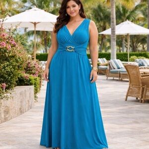 LIZ LANGE Teal Maxi Dress Womens 1X Empire Waist Flowy Boho Vacation Long EUC